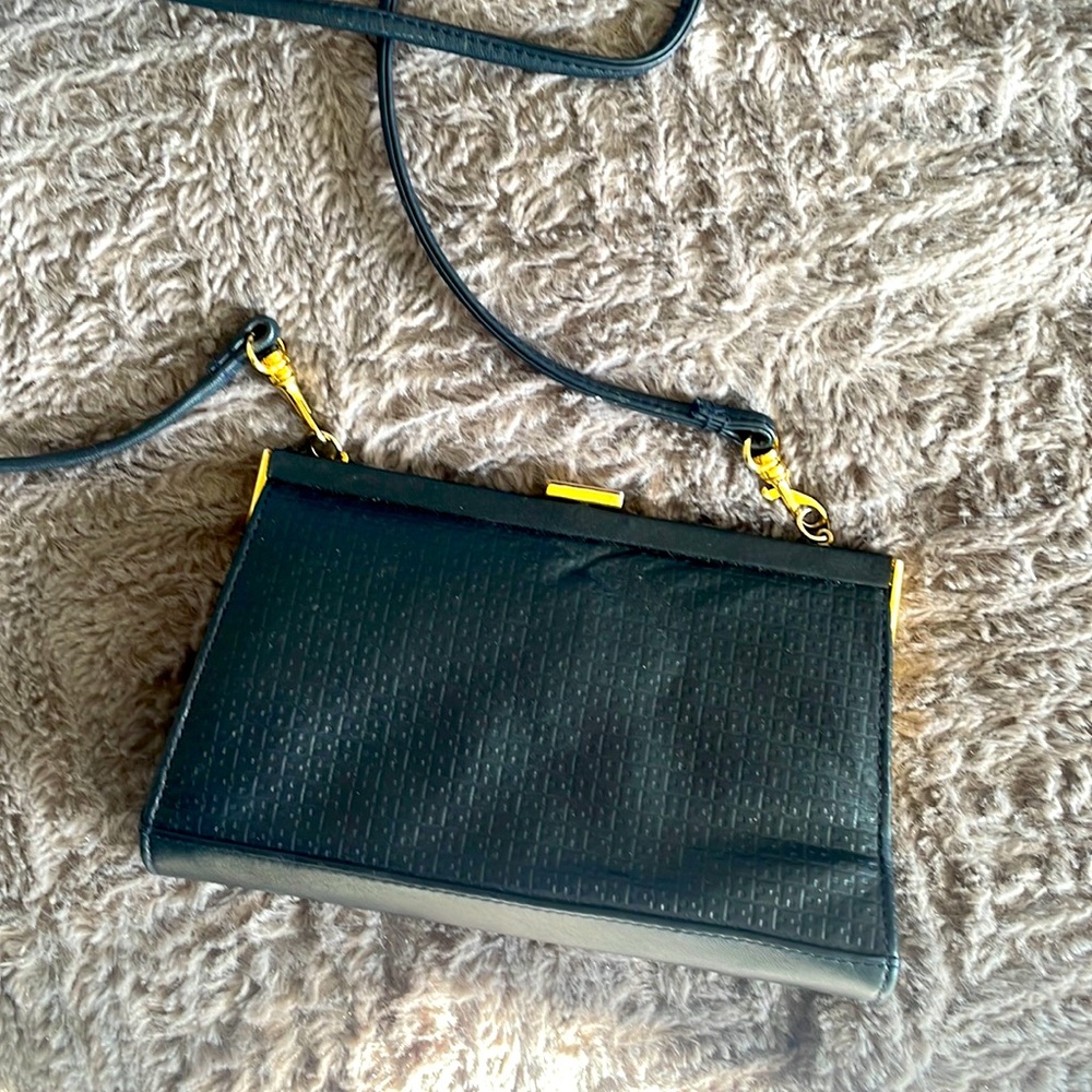 Vintage Halston Embossed 'H’ Logo Print Leather with Bold Gold Hardware. Navy.